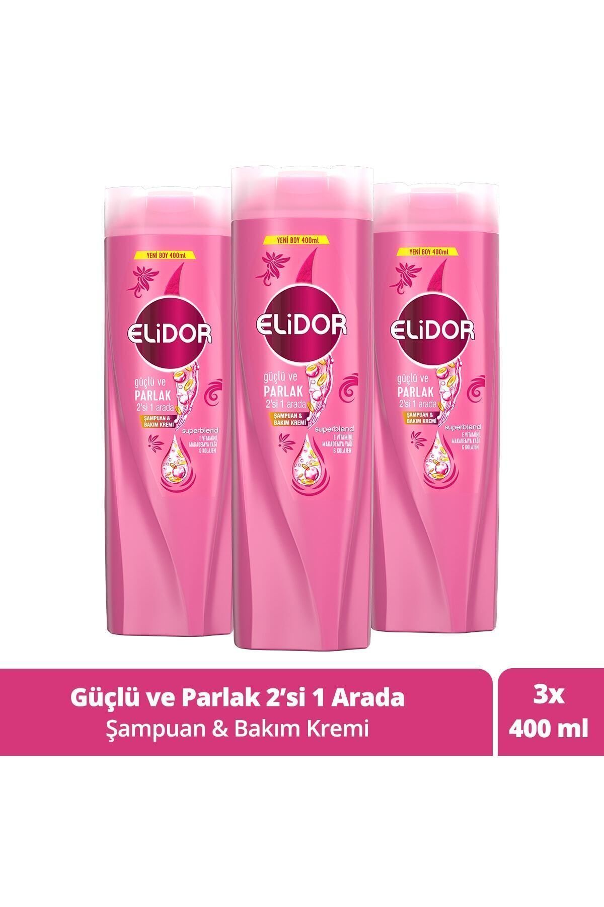 Elidor Superblend 2`si 1 Arada Şampuan ve Saç Bakım Kremi Güçlü ve Parlak 400 ML x3 Elidor Superblend 2`si 1 Arada Şampuan ve Saç Bakım Kremi Güçlü ve Parlak 400 ML x3